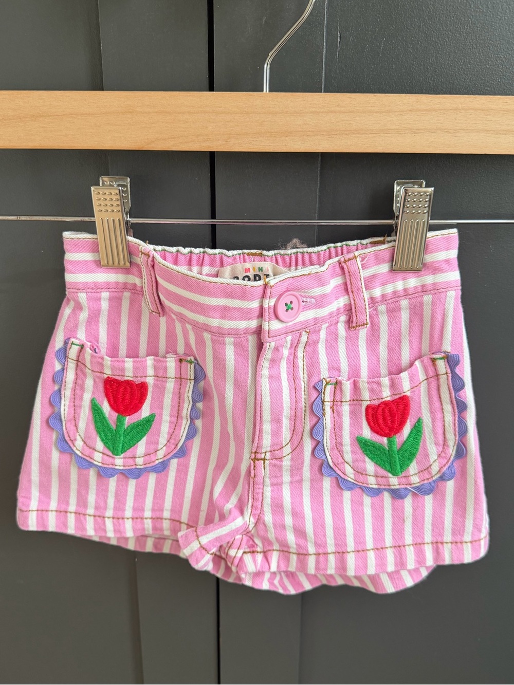 Mini Boden Girls Pink Striped Tulip Pocket Denim Shorts | 3Y